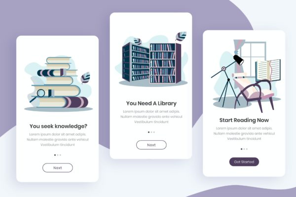 在线阅读电子图书APP应用引导页设计模板 Book App Onboarding App Screens