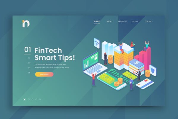 等距金融科技主题网站着陆页设计矢量插画模板 Isometric Fintech Web PSD and AI Vector Template