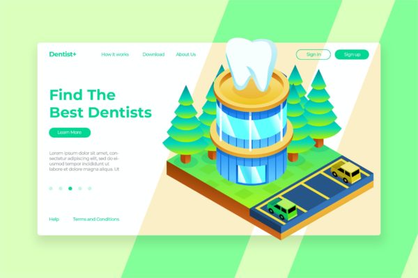 牙医主题等距插画网站Banner&着陆页设计模板 Dentist Isometric – Banner & Landing Page