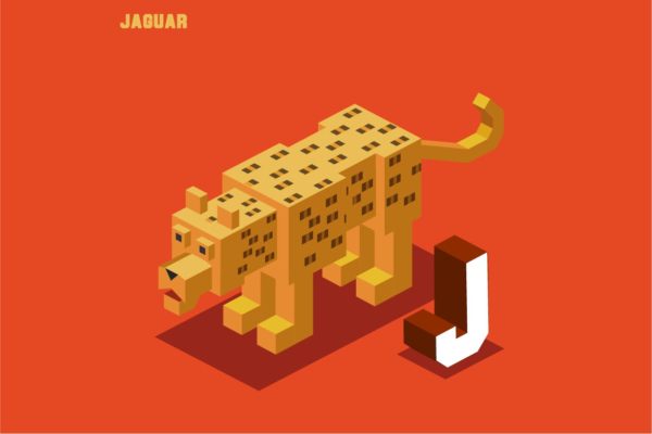 字母J豹子动物英文字母识字卡片设计2.5D矢量插画素材 J for Jaguar. Animal Alphabet