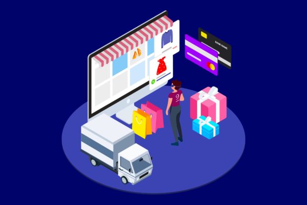 VR查找商品主题2.5D等距插画矢量素材v2 Find Information of Products with VR Isometric  T2