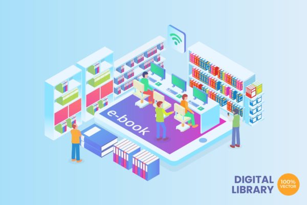 数字图书馆主题2.5D矢量等距概念插画 Isometric Digital Library Vector Concept