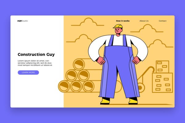 建筑工人主题网页Banner&着陆页插画设计模板 Construction Guy – Banner & Landing Page