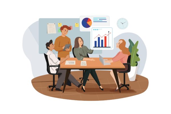小组成员图表分析研究主题场景插画矢量素材 Group of analysts working on graphs