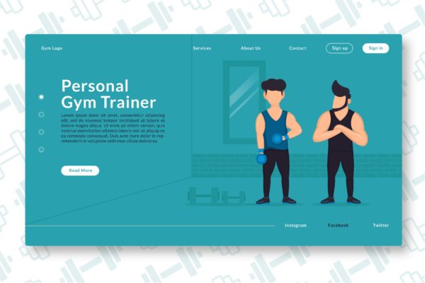 私人健身教练主题网站设计着陆页插画素材 Personal Gym Trainer – Web Header Landing Page GR