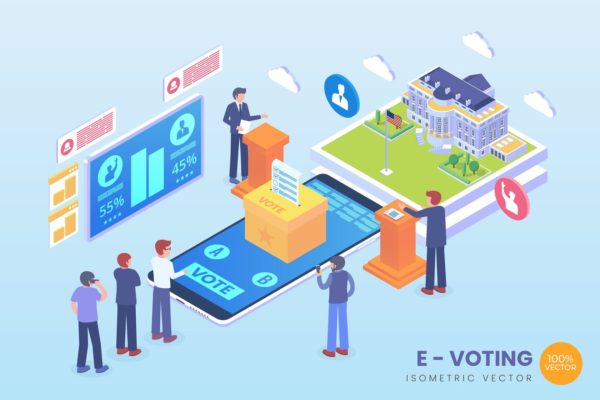 电子投票主题2.5D矢量等距概念插画 Isometric E-Voting Vector Concept