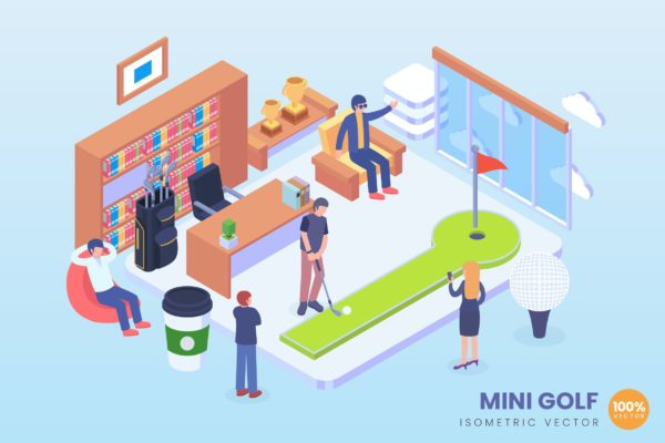 迷你办公室高尔夫主题2.5D矢量等距概念插画 Isometric Mini Office Golf Vector Concept