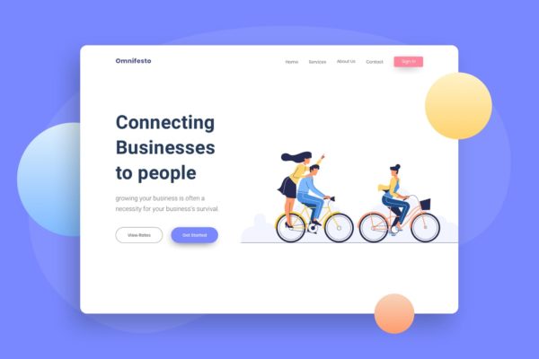自行车旅行主题网站着陆页插画设计模板 Teamwork Cycling Landingage header Illustration