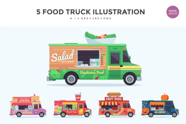 5款快餐车矢量插画设计素材 5 Food Truck Vector Illustration Set 3