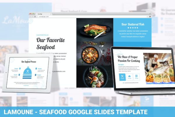海鲜餐饮主题演讲PPT模板合集 LaMoune – Seafood Google Slides Template