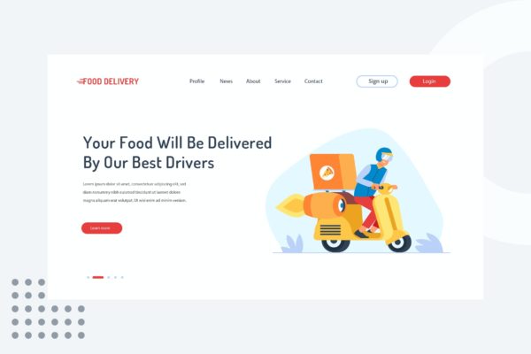 食品外卖配送主题网站着陆页设计矢量插画 Your food will be delivered by our best drivers