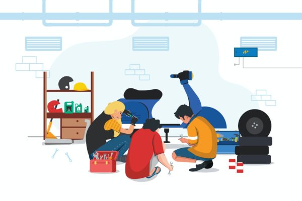 摩托车维修车间场景矢量插画素材 Motorcycle Repair at Workshop Illustration