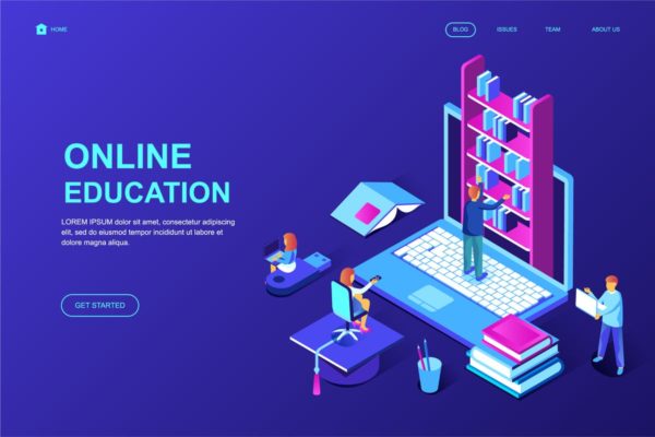 在线教育主题等距概念插画网站着陆页模板 Online Education Isometric Landing Page Template