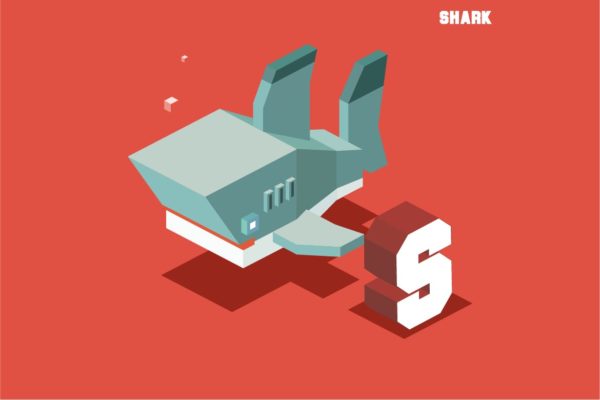 “S”鲨鱼动物词汇英文字母2.5D插画素材 S for Shark, Animal Alphabet