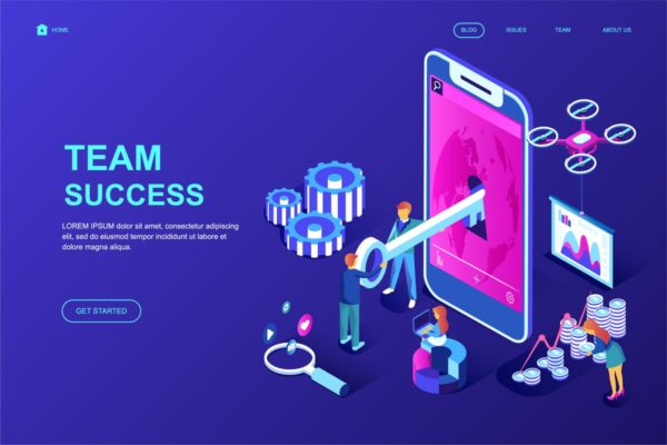 团队成功主题等距概念插画网站着陆页模板 Team Success Isometric Landing Page Template