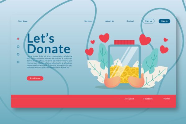 爱心捐款主题网站着陆页插画素材 Let’s Donate – Landing-Page GR