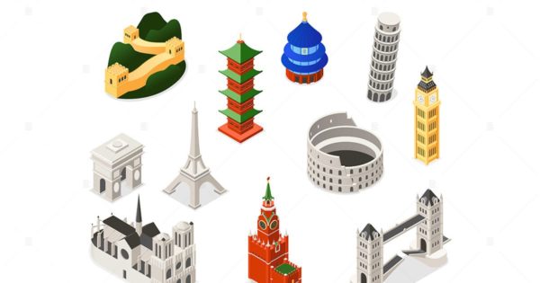 世界著名地标等距插画矢量素材 World Famous Landmarks – isometric illustration