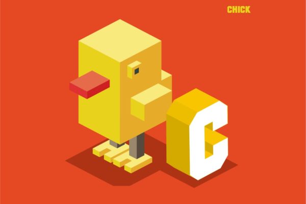 “C”小鸡动物词汇英文字母2.5D插画素材 C for chick, Animal Alphabet