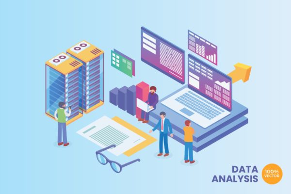 数据分析技术主题2.5D矢量等距概念插画 Isometric Data Analysis Technology Vector Concept