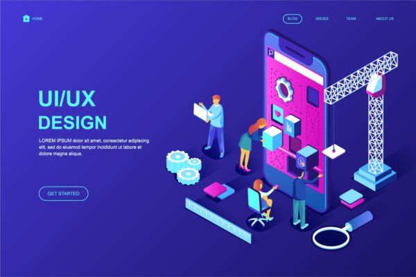 UX/UI设计主题等距概念插画网站着陆页模板 UX / UI Design Isometric Landing Page Template