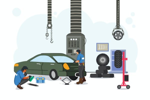 汽车维修车间矢量插画素材 Car Repair at Workshop Illustration
