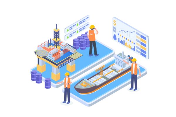 海洋石油工业主题矢量等距概念插画 Offshore Oil Industry Isometric Vector