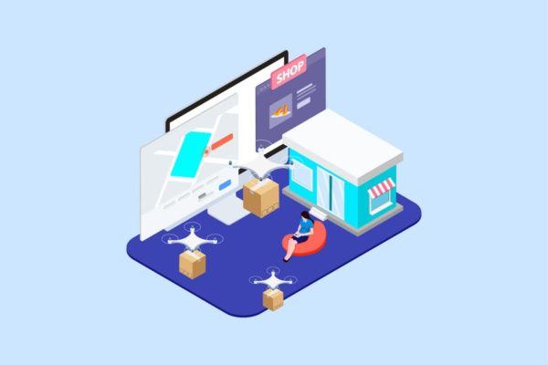 无人机交付主题2.5D等距插画矢量素材v5 Drones Delivery Isometric Illustration – T2