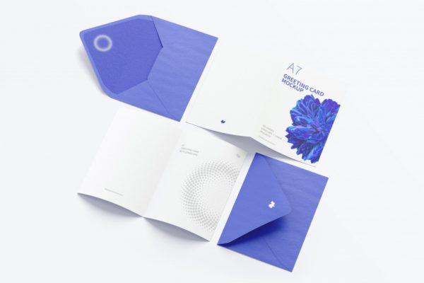 A7尺寸内页外页展示设计贺卡&信封样机 A7 Greeting Card Mockup with Envelope, Spread Exterior, and Interior Pages