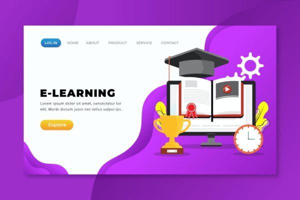 E-Learning在线学习主题矢量着陆页插画素材 E-Learning  – XD PSD AI Vector Landing Page