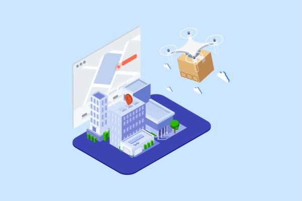 无人机交付主题2.5D等距插画矢量素材v1 Drones Delivery Isometric Illustration – T2