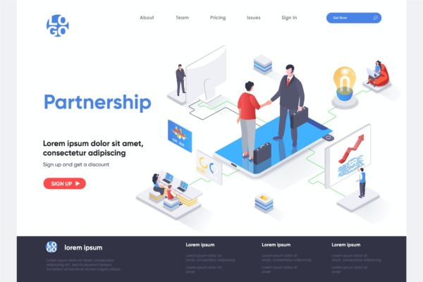 合作伙伴主题等距概念插画网站着陆页模板 Partnership Isometric Landing Page Template