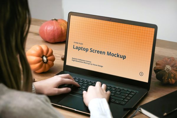 秋天万圣节场景笔记本电脑屏幕效果图样机 Laptop Mockup Autumn Halloween Scenes