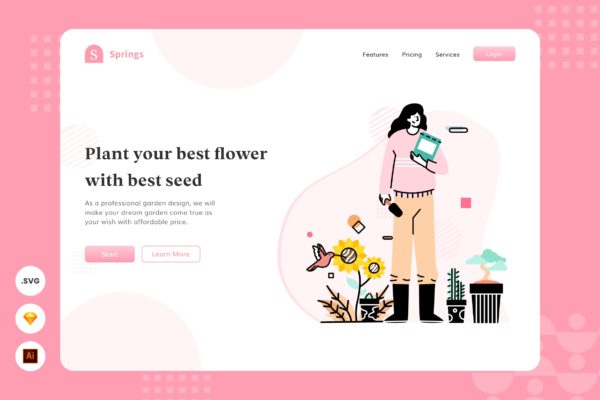 花卉种植主题网页头部插画设计素材 Planting Flowers – Website Header – Illustration