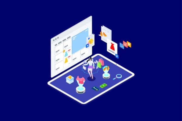 VR查找商品主题2.5D等距插画矢量素材v1 Find Information of Products with VR Isometric T2