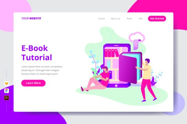 电子书教程主题网站着陆页插画设计素材 E-Book Tutorial – Landing Page