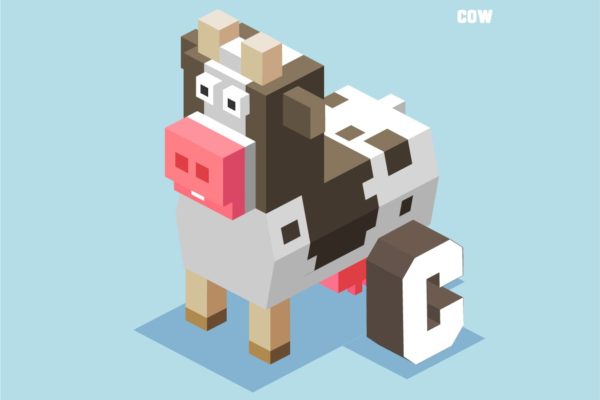 字母C奶牛动物英文字母识字卡片设计2.5D矢量插画素材 C for Cow. Animal Alphabet