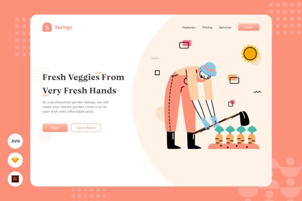 新鲜蔬菜主题网页头部插画设计素材 Fresh Vegetables – Website Header – Illustration