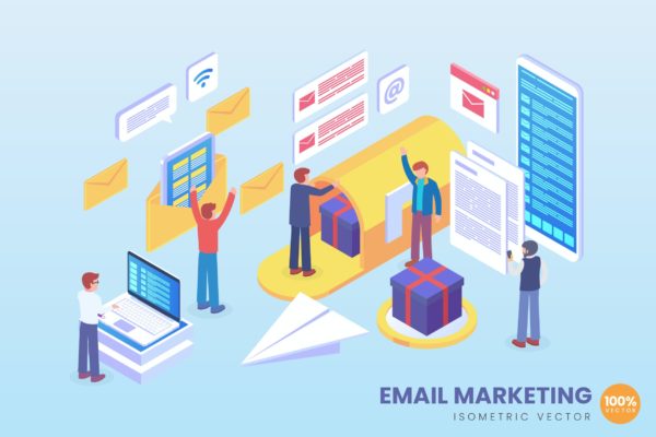 电子邮件营销主题2.5D矢量等距概念插画 Isometric Email Marketing Vector Concept