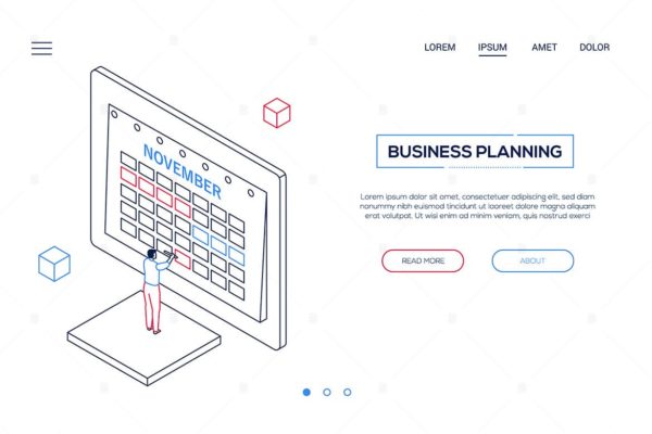 商业计划主题网页Banner设计等距矢量线性插画素材 Business planning – line isometric web banner