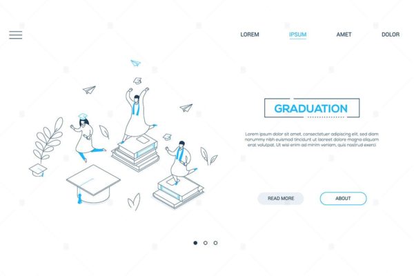 毕业概念主题网页Banner设计等距矢量线性插画素材 Graduation concept – linear isometric web banner
