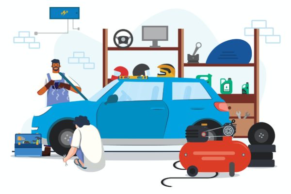 汽车维修保养主题场景插画矢量素材 Car Repair at Workshop Illustration
