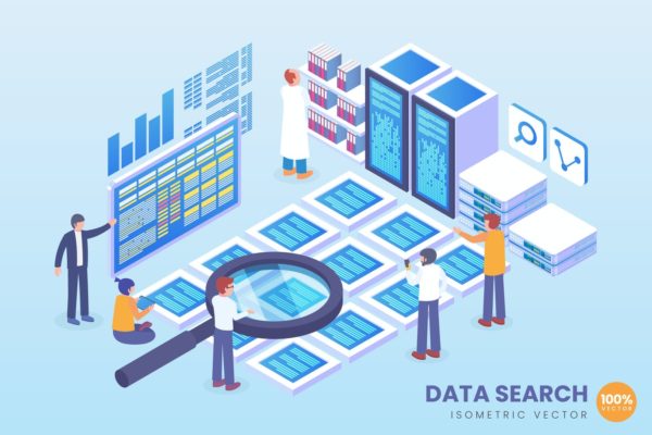 资料搜寻主题2.5D矢量等距概念插画 Isometric Data Search Vector Concept