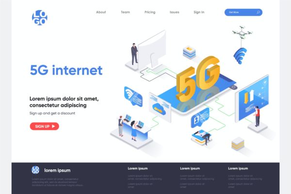 5G互联网主题等距概念插画网站着陆页模板 5G Internet Isometric Landing Page Template
