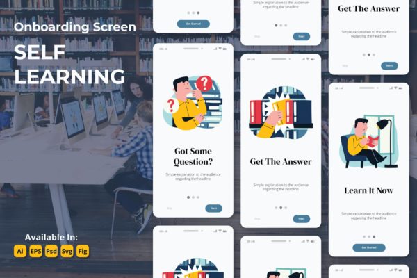 在线学习电子课程APP应用启动引导页模板 E-learning education study oboarding screens