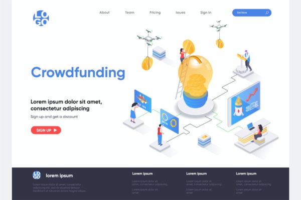 众筹主题等距概念插画网站着陆页模板 Crowdfunding Isometric Landing Page Template