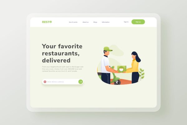 外卖食品配送主题网站着陆页设计矢量插画素材 The Delivery food is arrived Landing page Website