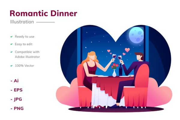 浪漫晚餐主题矢量插画设计素材 Romantic Dinner Illustration