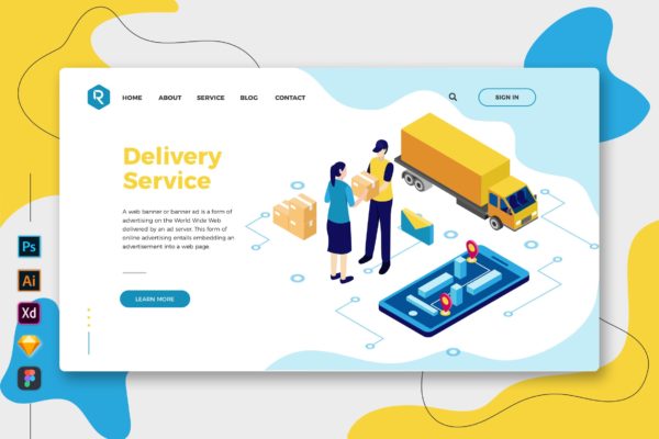 送货服务-创意网站着陆页UI设计模板 Delivery Service – Web & Mobile Landing Page