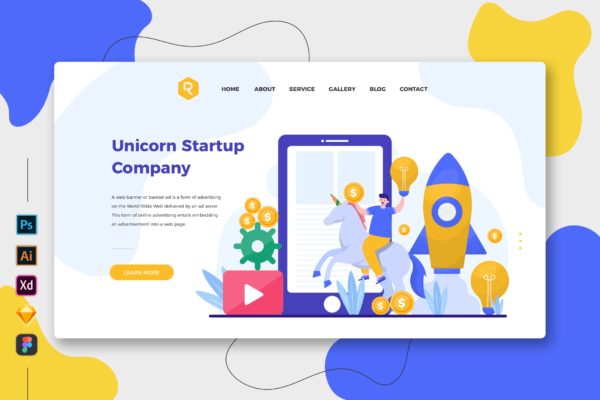 独角兽创业公司-创意网站着陆页UI设计模板 Unicorn Startup Company Web & Mobile Landing Page