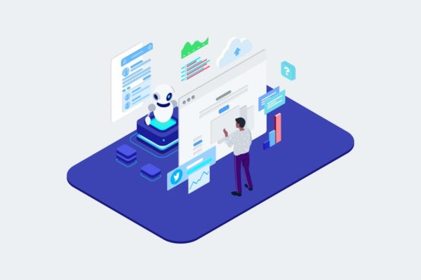 人类与机器人聊天主题2.5D等距插画矢量素材 Human Chatting On Chatbot Application Isometric T2